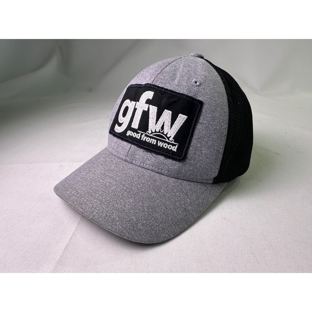 GFW Good From Wood Hat Yupoong Flexfit Trucker Mesh Cap Grey Black OSFA Retro‎